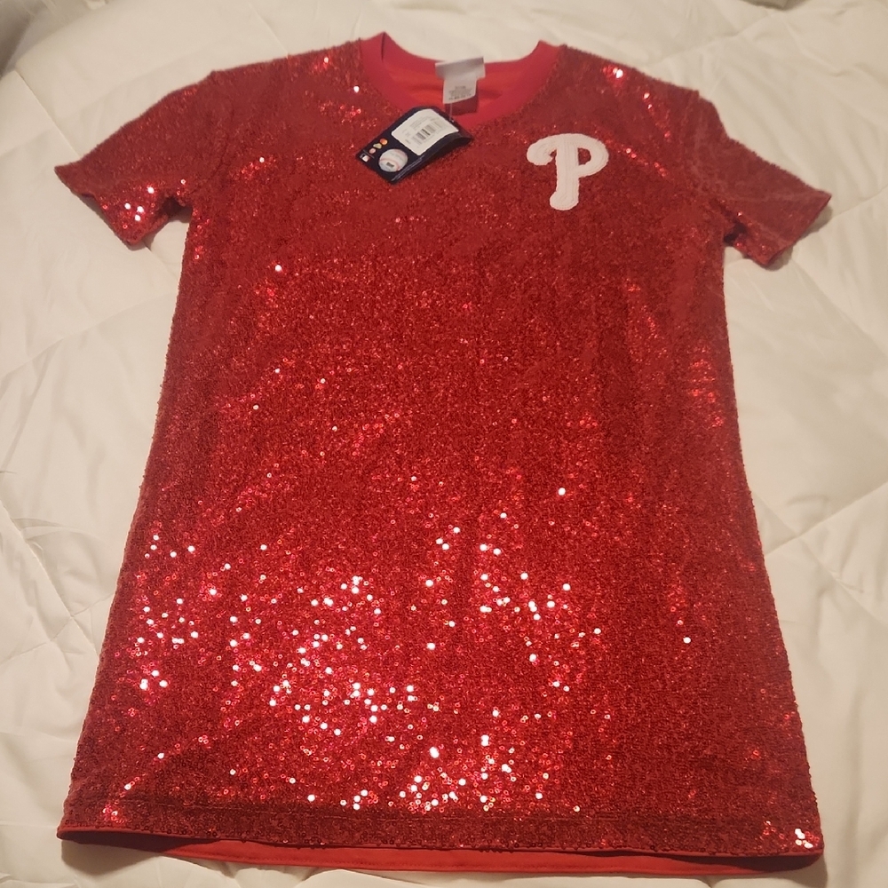 Genuine Merchandise Red Sequin Short Sleeve Dress with White P Patch